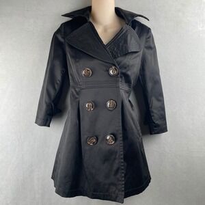 XOXO Black Double Breasted Satin Trench Coat Jacket Oversized Buttons Y2K Wmns S